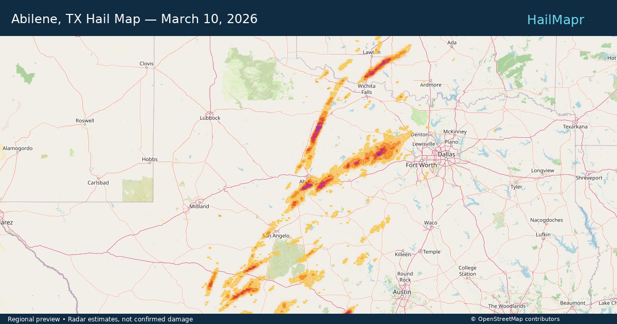 Abilene, TX Hail Map — March 10, 2026 — regional heatmap and storm polygons