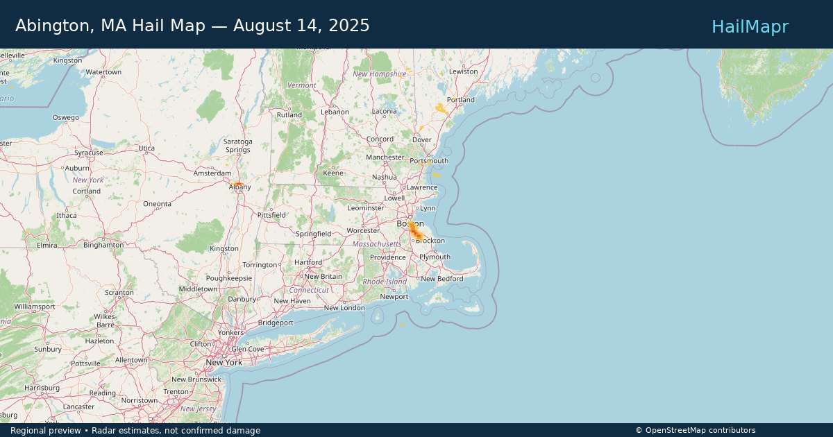 Abington, MA Hail Map — August 14, 2025 — regional heatmap and storm polygons