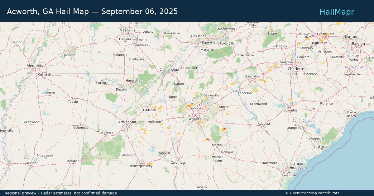 Acworth, GA Hail Map — September 06, 2025 — regional heatmap and storm polygons