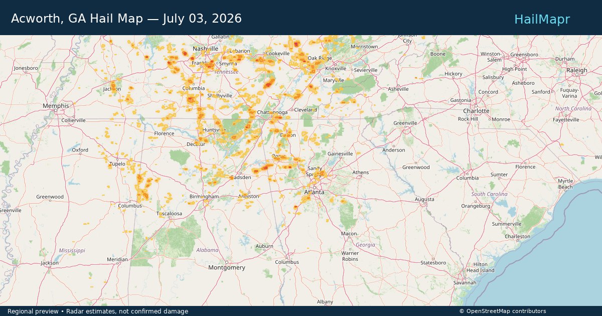 Acworth, GA — July 03, 2026 — regional hail footprint preview