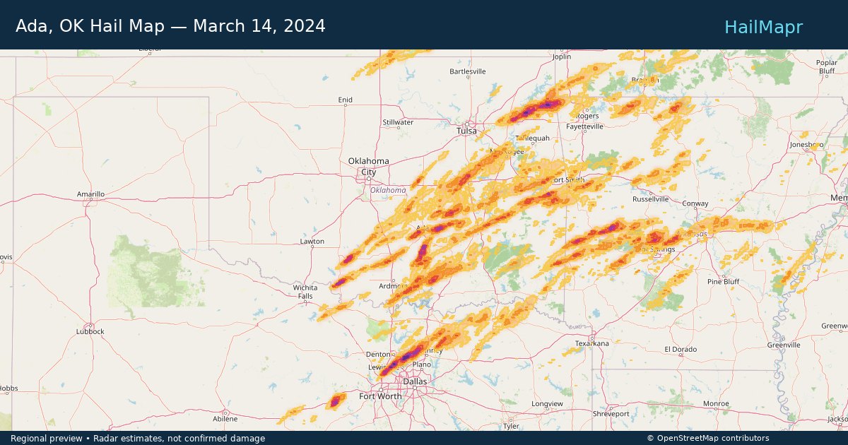 Ada, OK Hail Map — March 14, 2024 — regional heatmap and storm polygons