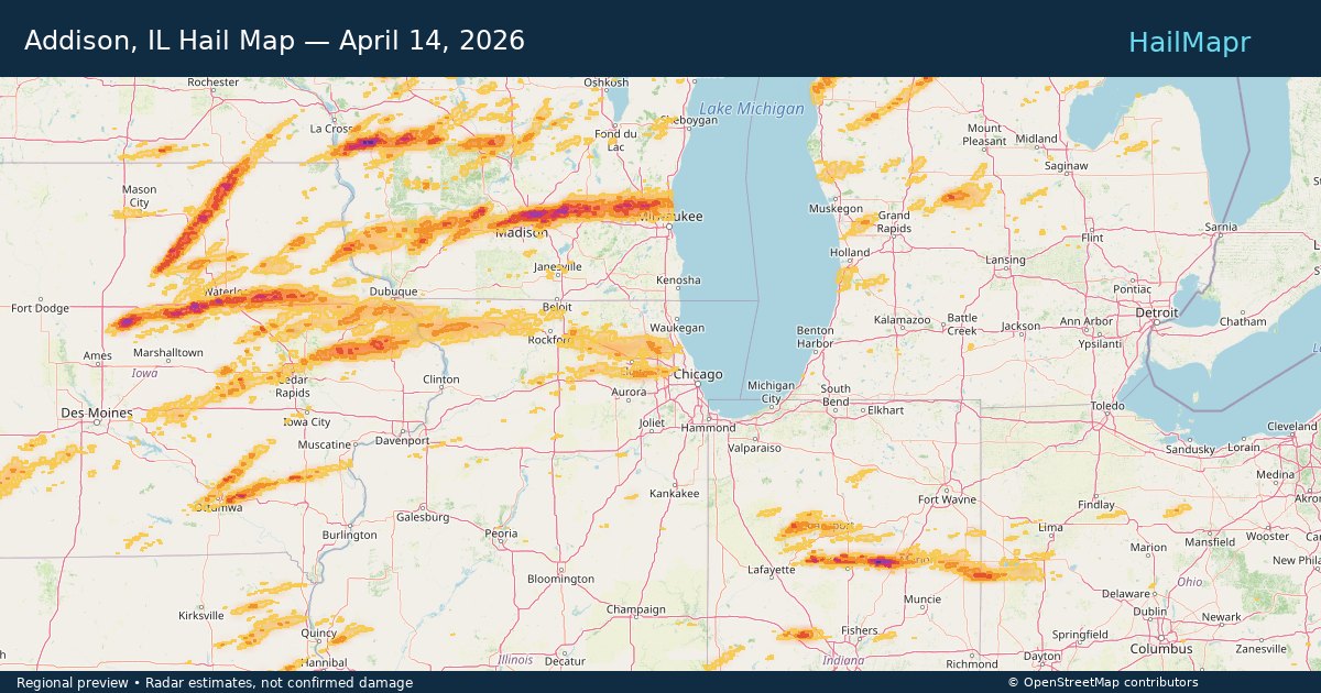Addison, IL — April 14, 2026 — regional hail footprint preview