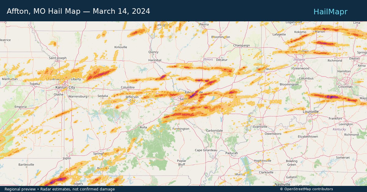 Affton, MO Hail Map — March 14, 2024 — regional heatmap and storm polygons