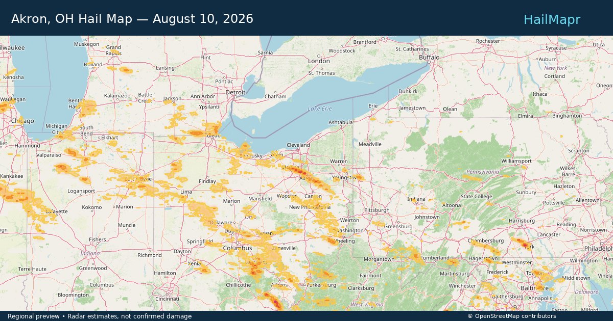 Akron, OH Hail Map — August 10, 2026 — regional heatmap and storm polygons