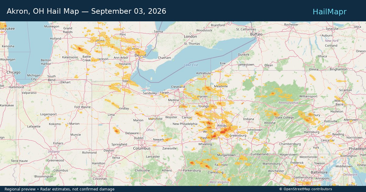 Akron, OH Hail Map — September 03, 2026 — regional heatmap and storm polygons