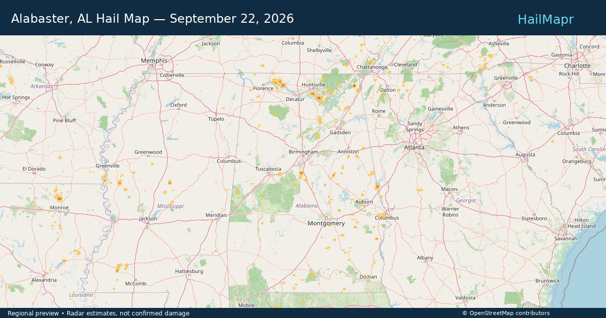 Alabaster, AL Hail Map — September 22, 2026 — regional heatmap and storm polygons