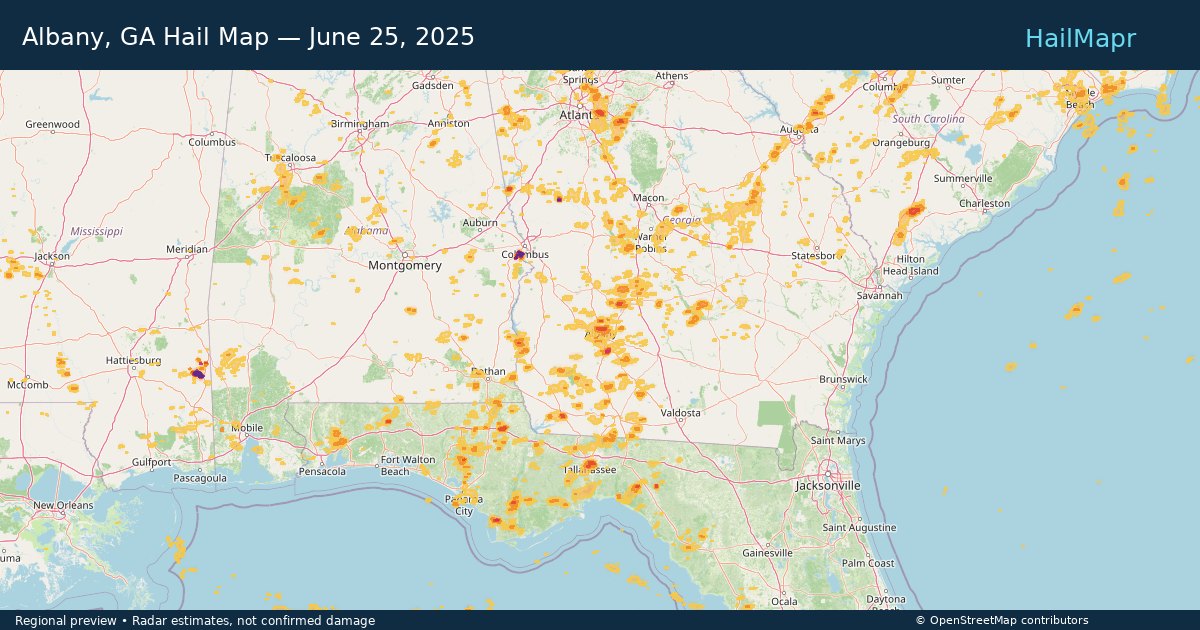 Albany, GA — June 25, 2025 — regional hail footprint preview
