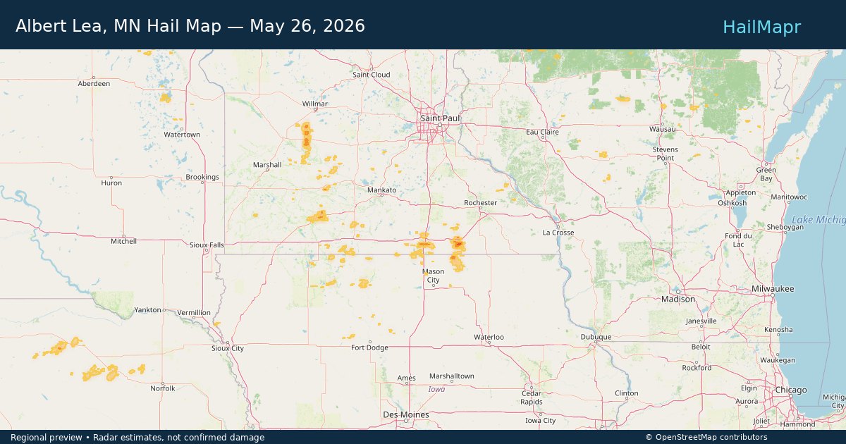 Albert Lea, MN Hail Map — May 26, 2026 — regional heatmap and storm polygons