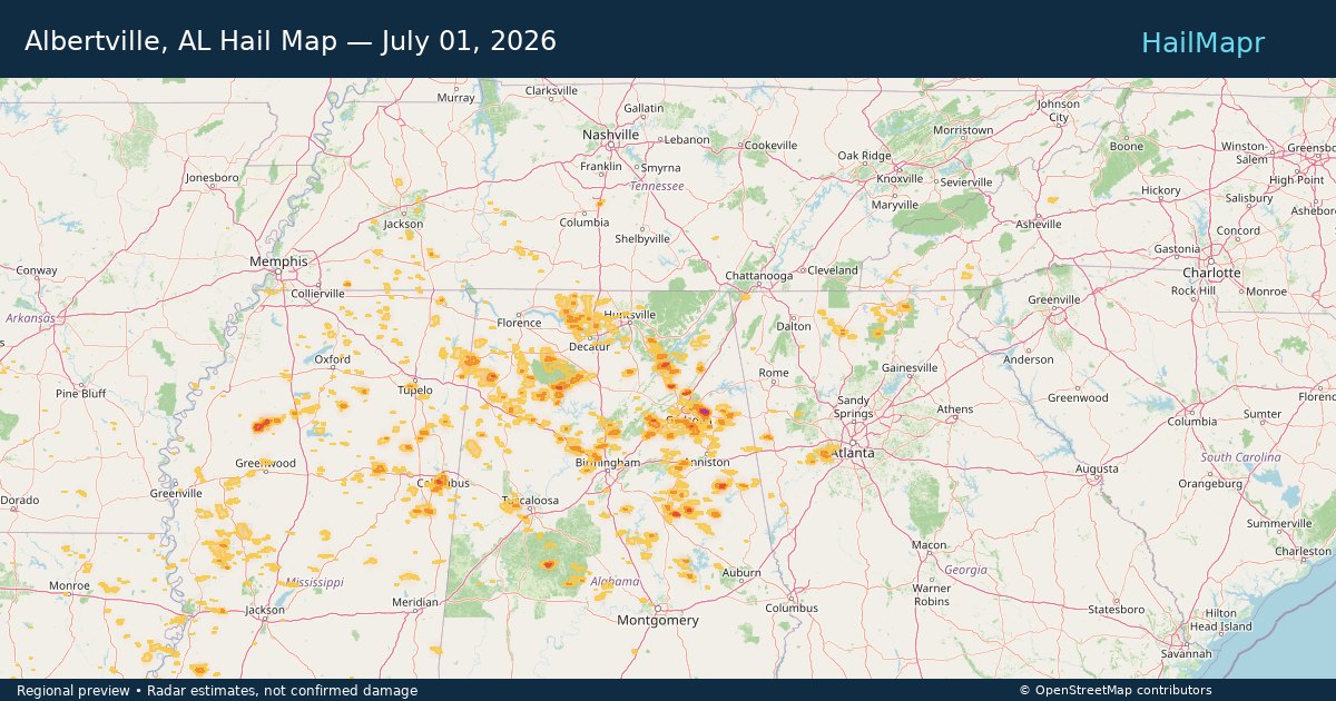 Albertville, AL Hail Map — July 01, 2026 — regional heatmap and storm polygons