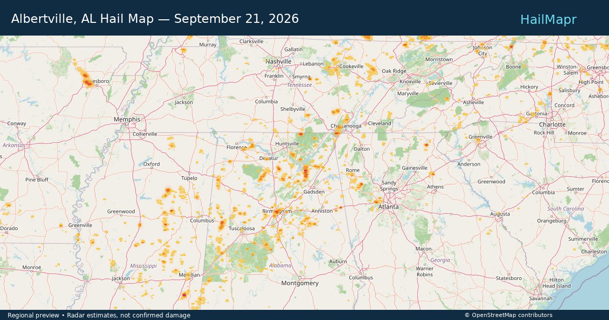 Albertville, AL Hail Map — September 21, 2026 — regional heatmap and storm polygons