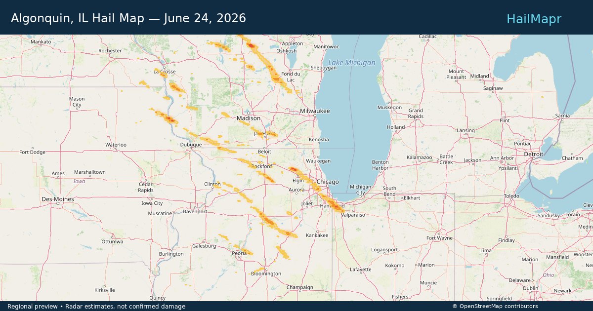 Algonquin, IL — June 24, 2026 — regional hail footprint preview