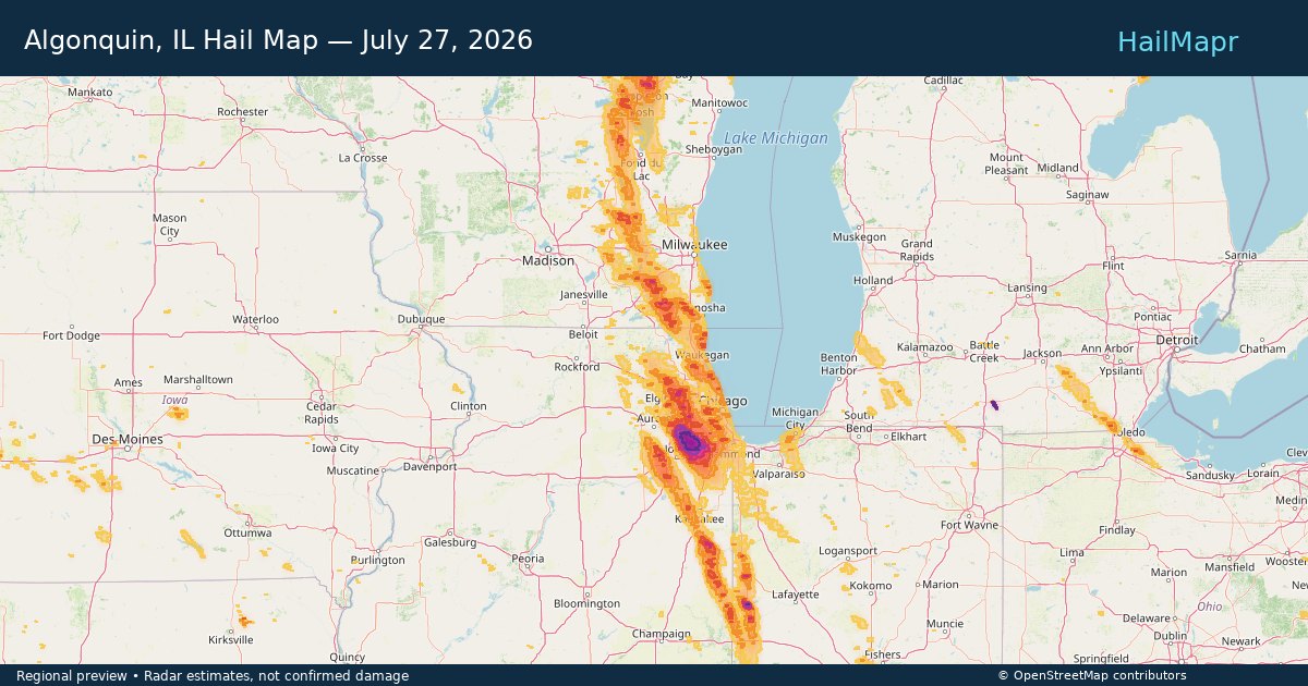 Algonquin, IL Hail Map — July 27, 2026 — regional heatmap and storm polygons