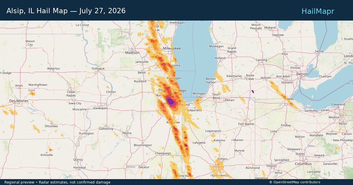 Alsip, IL Hail Map — July 27, 2026 — regional heatmap and storm polygons