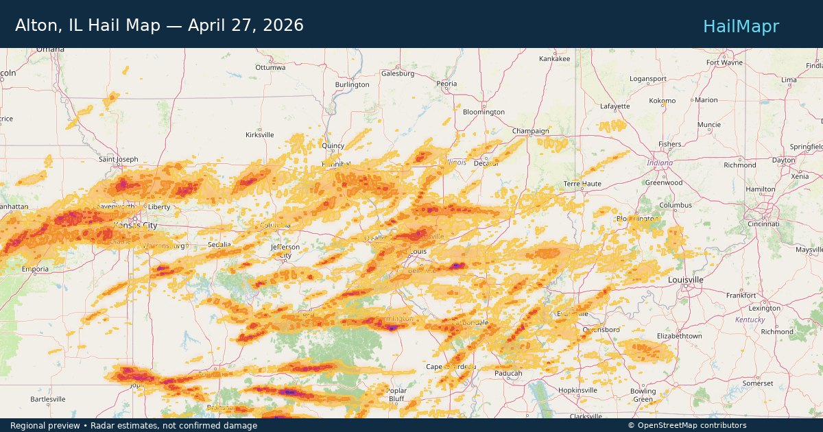 Alton, IL Hail Map — April 27, 2026 — regional heatmap and storm polygons