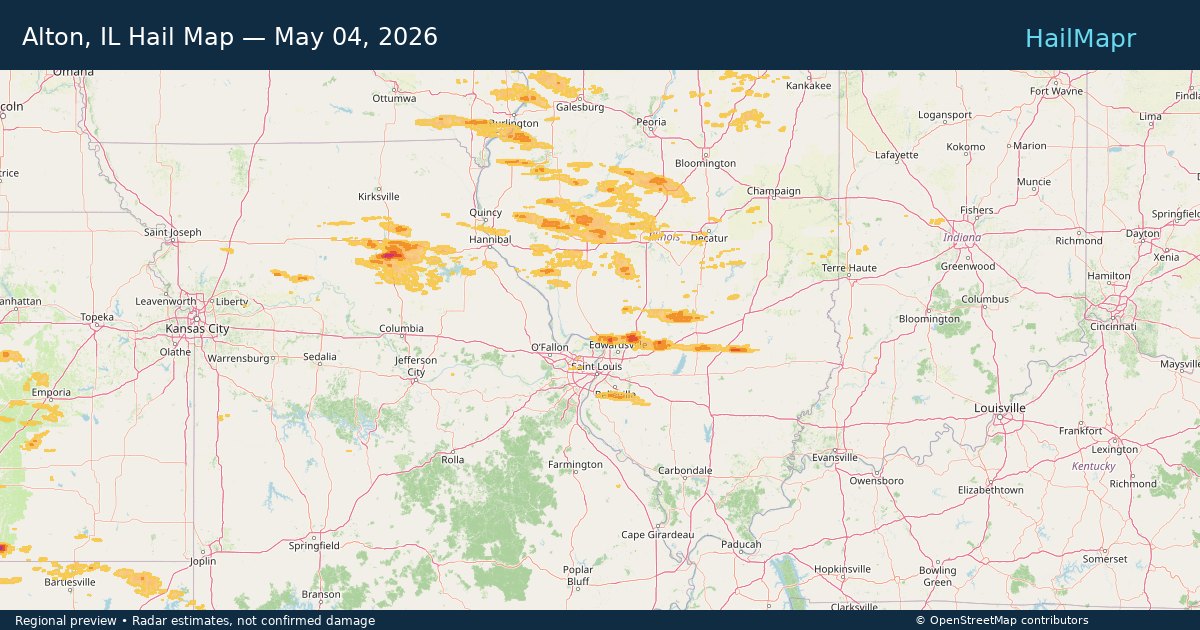 Alton, IL Hail Map — May 04, 2026 — regional heatmap and storm polygons