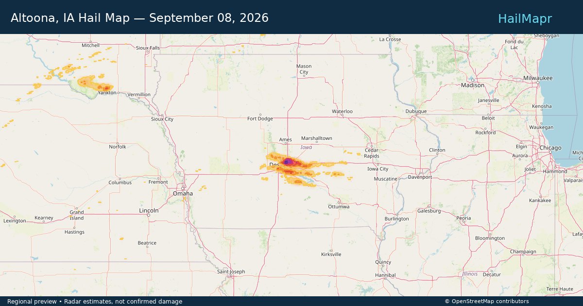 Altoona, IA Hail Map — September 08, 2026 — regional heatmap and storm polygons