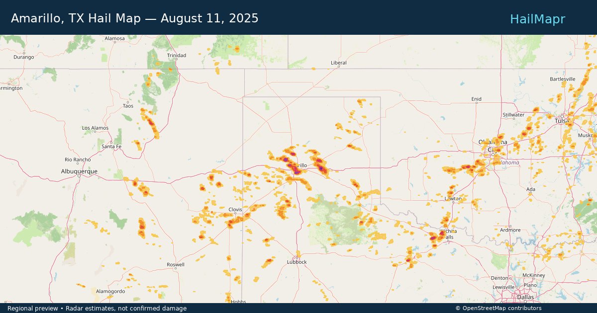Amarillo, TX Hail Map — August 11, 2025 — regional heatmap and storm polygons