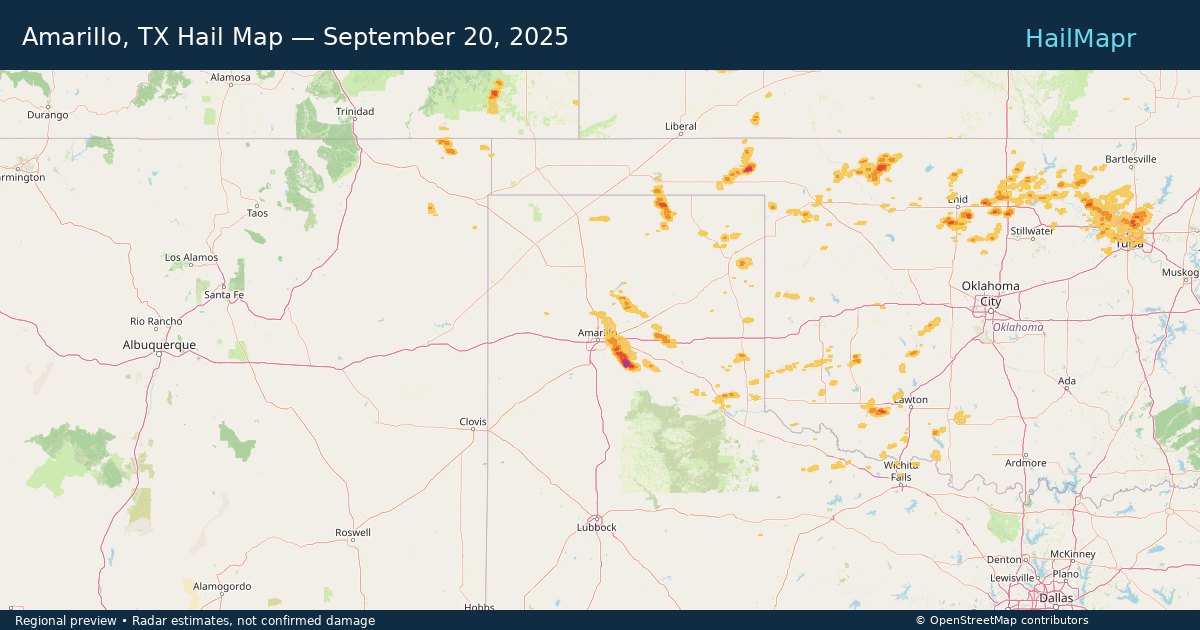 Amarillo, TX Hail Map — September 20, 2025 — regional heatmap and storm polygons