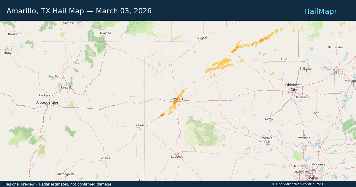 Amarillo, TX Hail Map — March 03, 2026 — regional heatmap and storm polygons