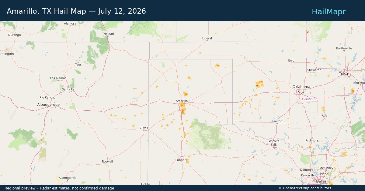Amarillo, TX Hail Map — July 12, 2026 — regional heatmap and storm polygons