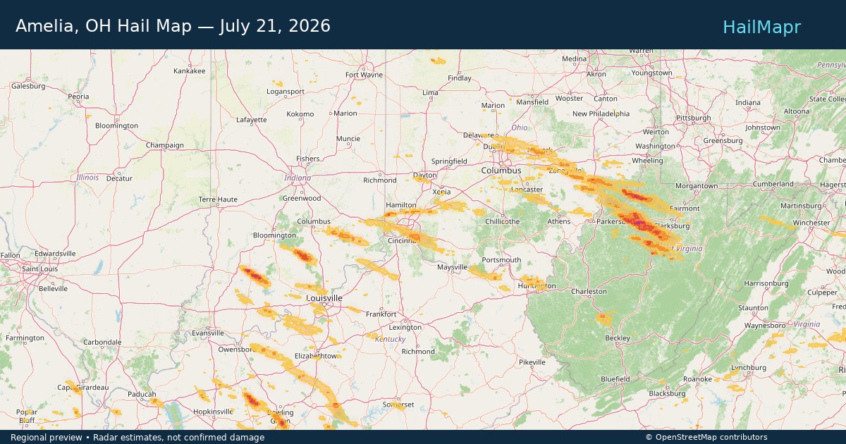 Amelia, OH — July 21, 2026 — regional hail footprint preview