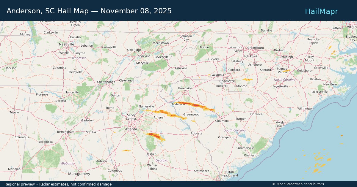 Anderson, SC Hail Map — November 08, 2025 — regional heatmap and storm polygons