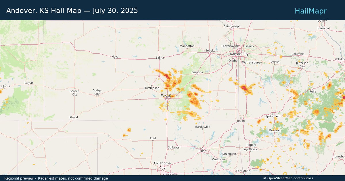 Andover, KS Hail Map — July 30, 2025 — regional heatmap and storm polygons