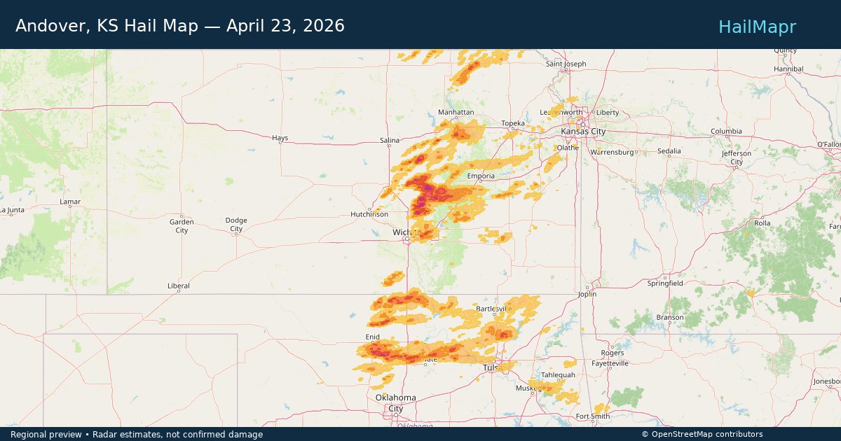 Andover, KS — April 23, 2026 — regional hail footprint preview