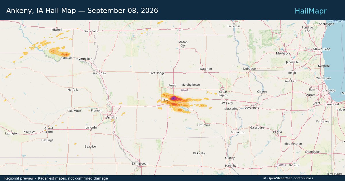 Ankeny, IA Hail Map — September 08, 2026 — regional heatmap and storm polygons