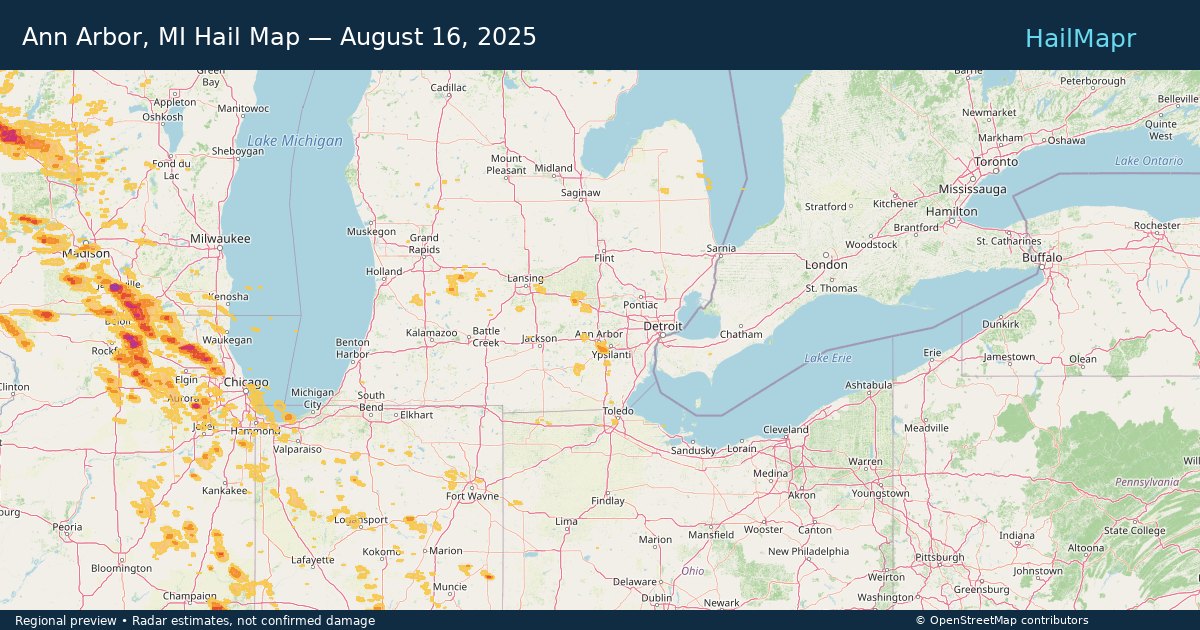 Ann Arbor, MI Hail Map — August 16, 2025 — regional heatmap and storm polygons