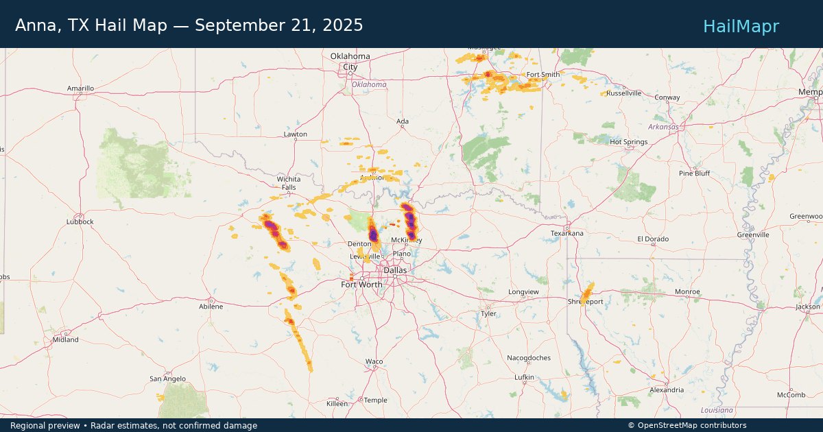 Anna, TX Hail Map — September 21, 2025 — regional heatmap and storm polygons