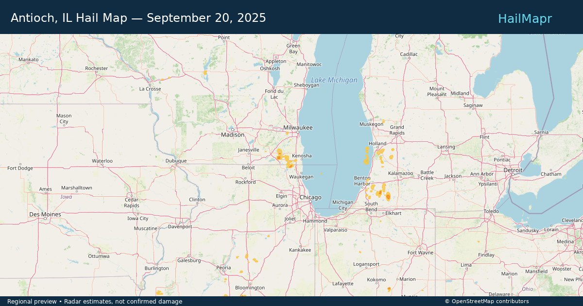 Antioch, IL Hail Map — September 20, 2025 — regional heatmap and storm polygons