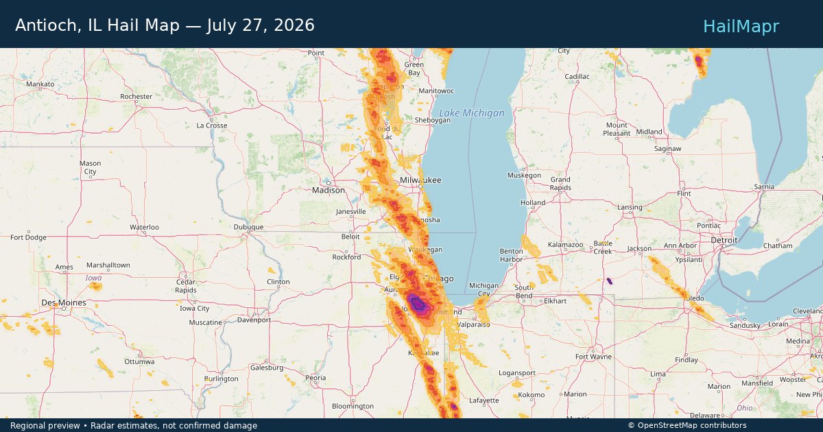 Antioch, IL Hail Map — July 27, 2026 — regional heatmap and storm polygons