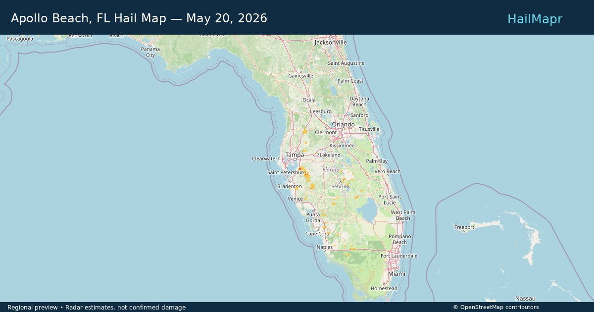 Apollo Beach, FL Hail Map — May 20, 2026 — regional heatmap and storm polygons