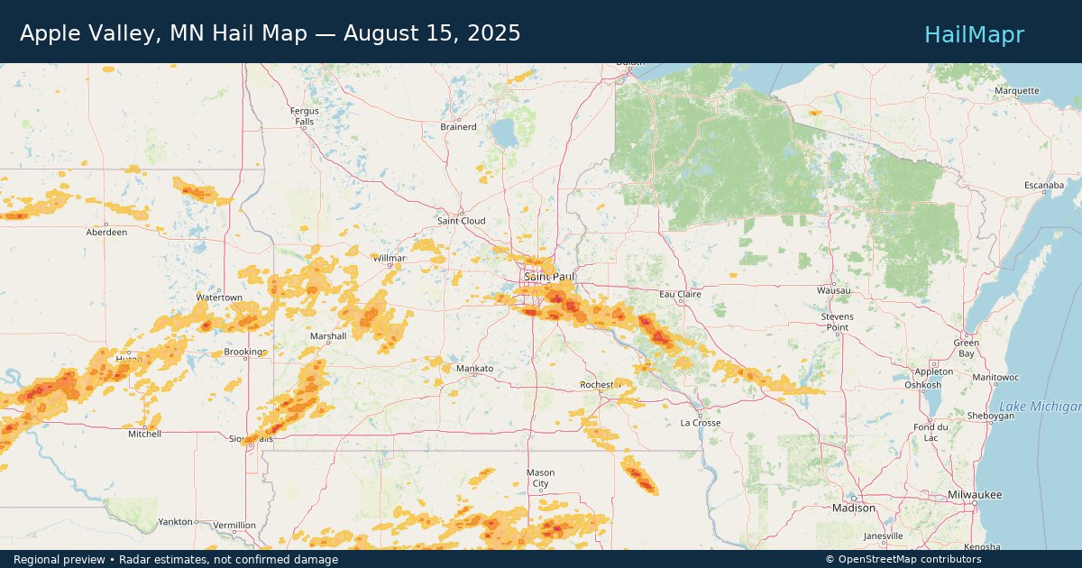 Apple Valley, MN Hail Map — August 15, 2025 — regional heatmap and storm polygons