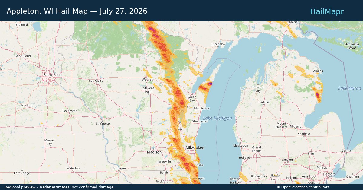 Appleton, WI Hail Map — July 27, 2026 — regional heatmap and storm polygons