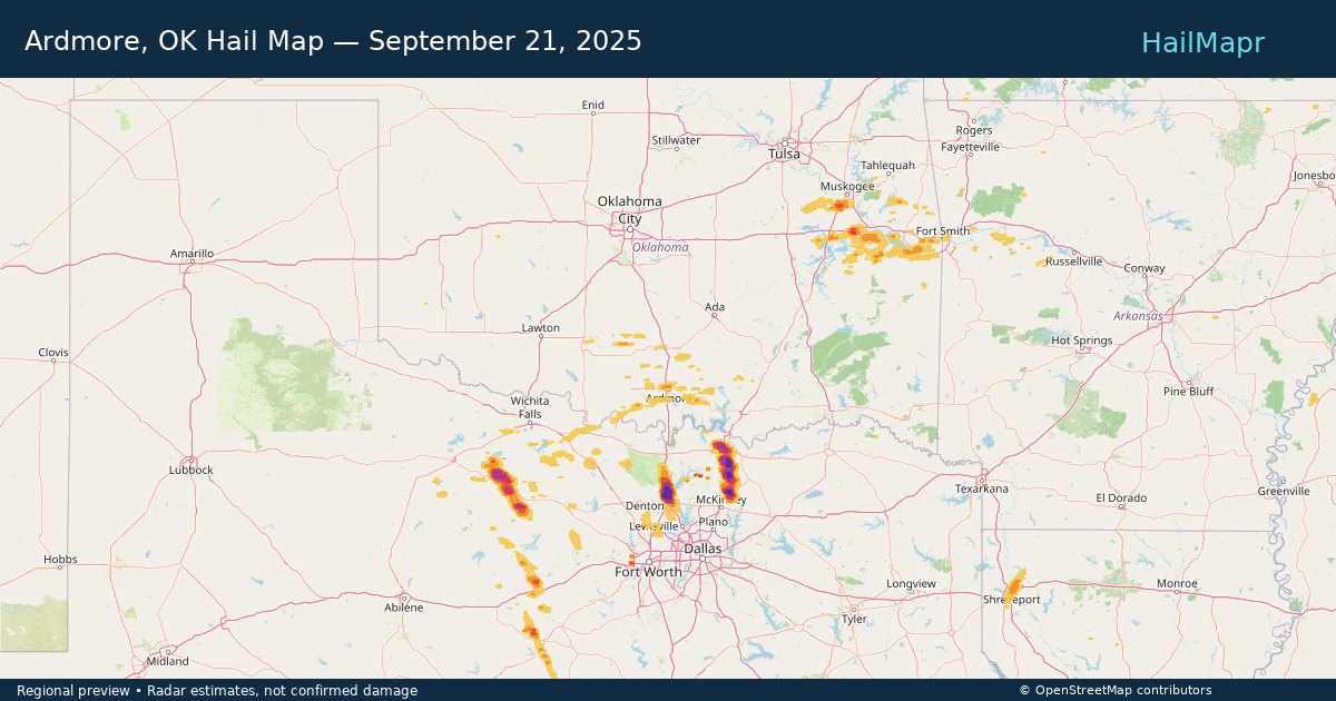 Ardmore, OK Hail Map — September 21, 2025 — regional heatmap and storm polygons