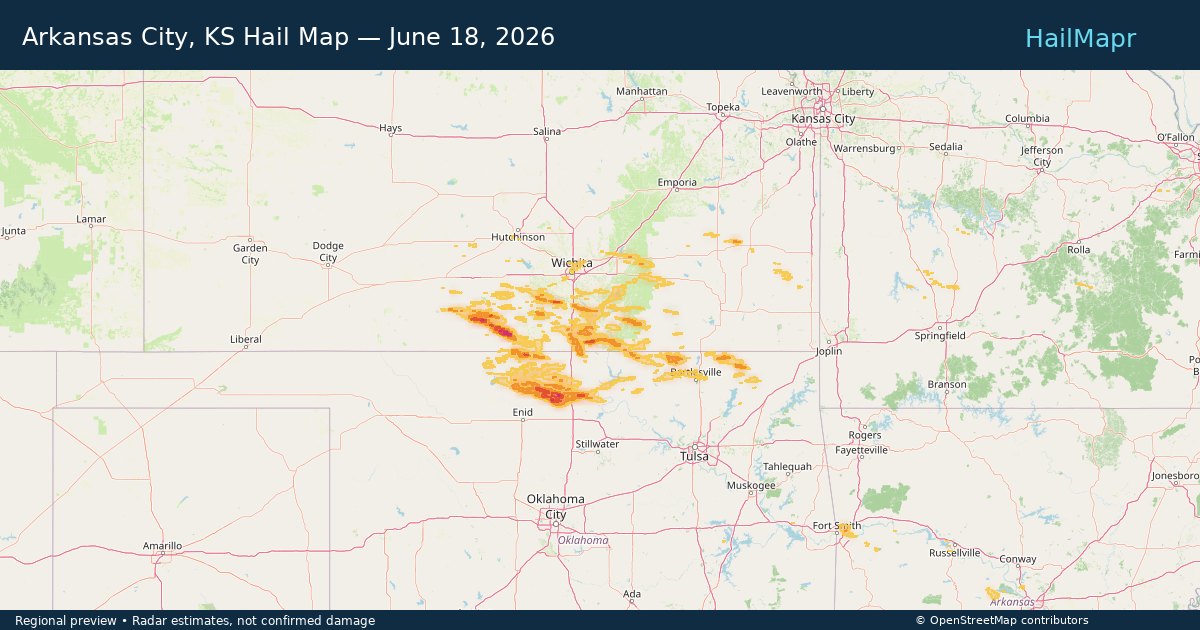 Arkansas City, KS Hail Map — June 18, 2026 — regional heatmap and storm polygons