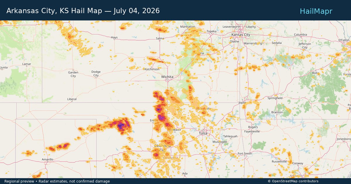 Arkansas City, KS Hail Map — July 04, 2026 — regional heatmap and storm polygons