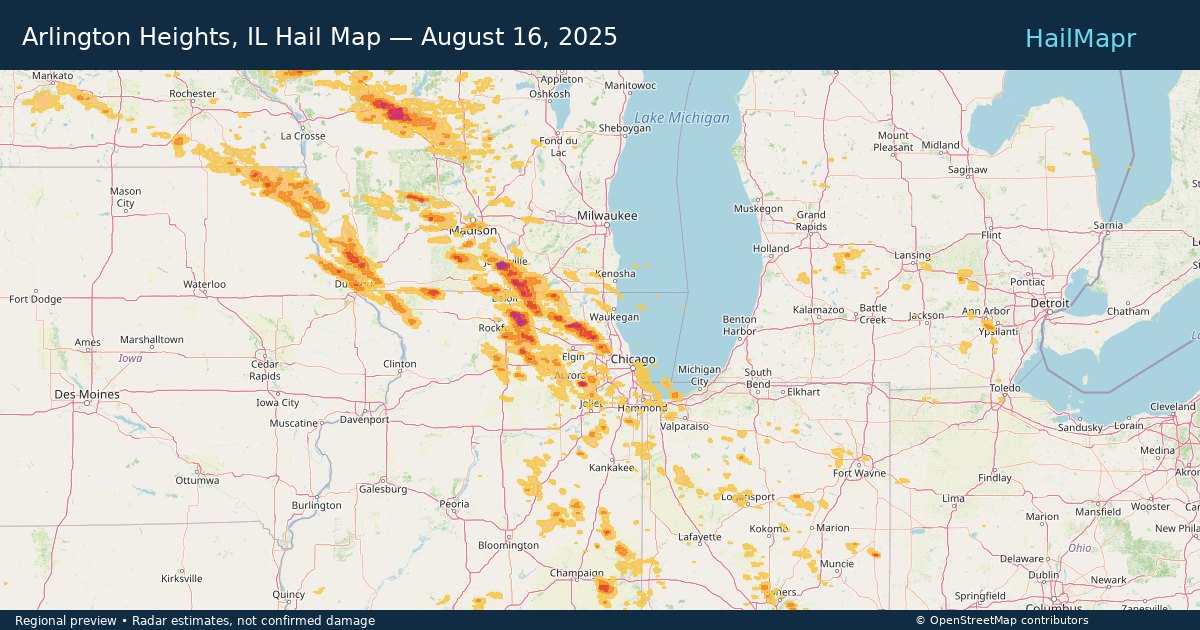 Arlington Heights, IL Hail Map — August 16, 2025 — regional heatmap and storm polygons