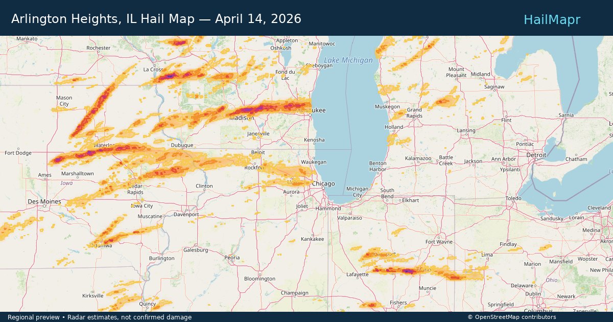 Arlington Heights, IL Hail Map — April 14, 2026 — regional heatmap and storm polygons
