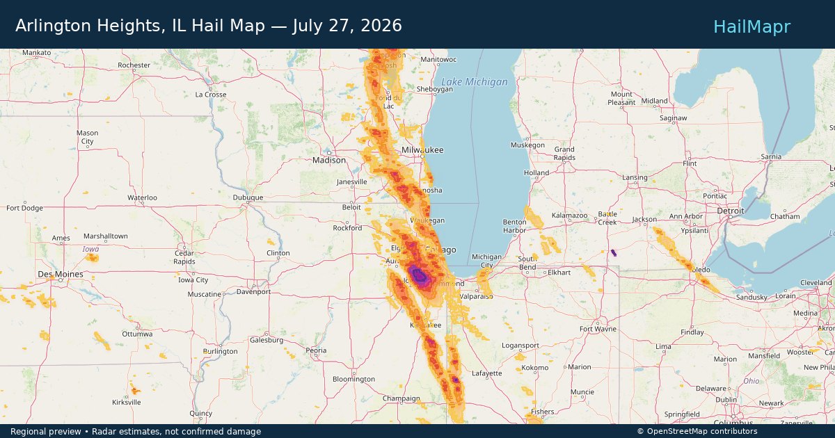Arlington Heights, IL Hail Map — July 27, 2026 — regional heatmap and storm polygons