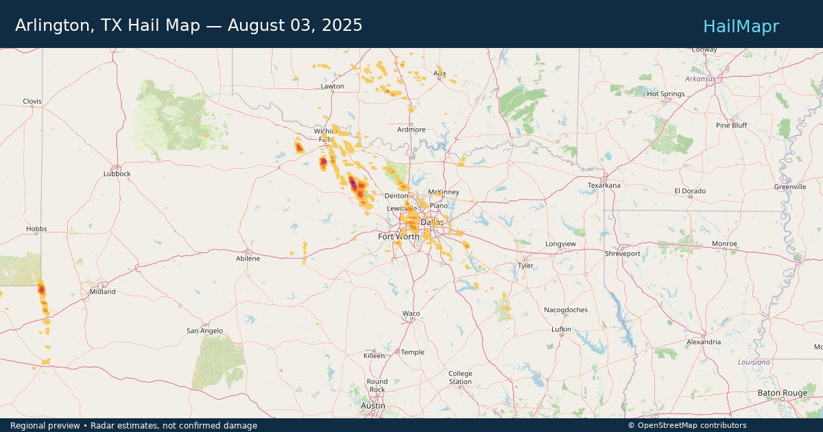 Arlington, TX Hail Map — August 03, 2025 — regional heatmap and storm polygons