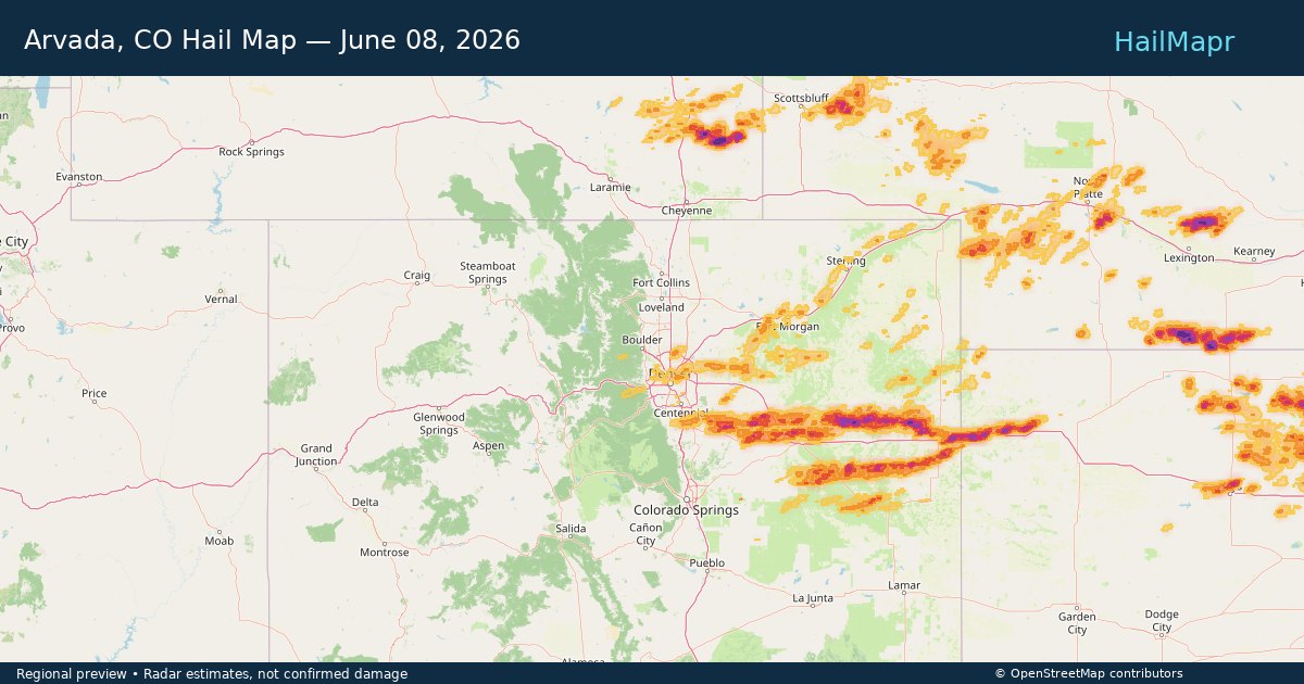 Arvada, CO Hail Map — June 08, 2026 — regional heatmap and storm polygons