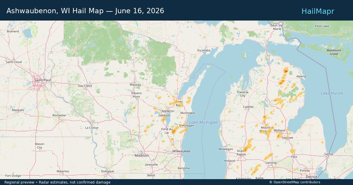 Ashwaubenon, WI Hail Map — June 16, 2026 — regional heatmap and storm polygons