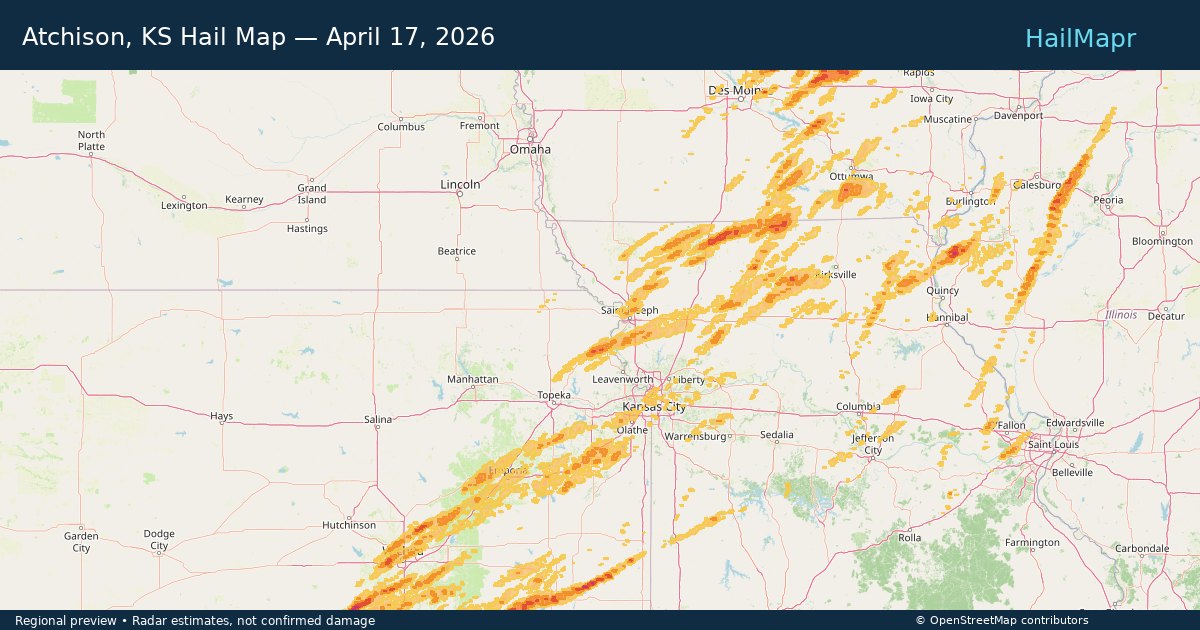 Atchison, KS Hail Map — April 17, 2026 — regional heatmap and storm polygons