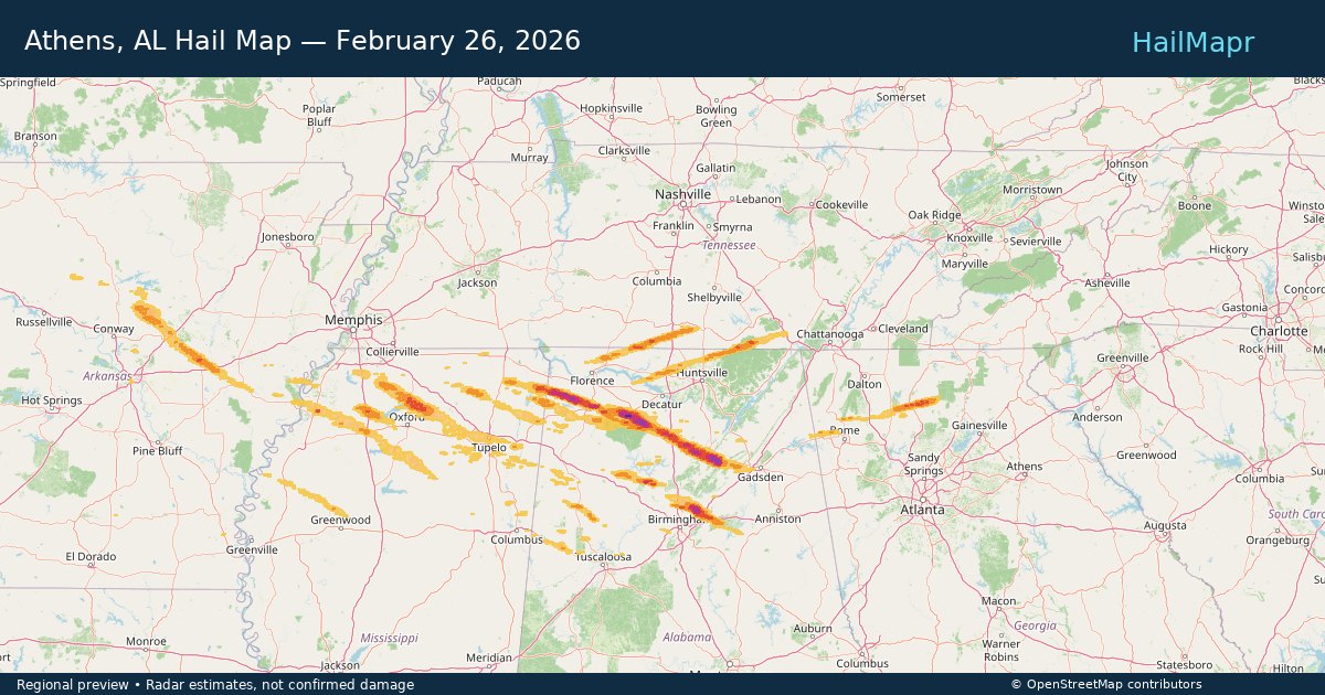 Athens, AL Hail Map — February 26, 2026 — regional heatmap and storm polygons