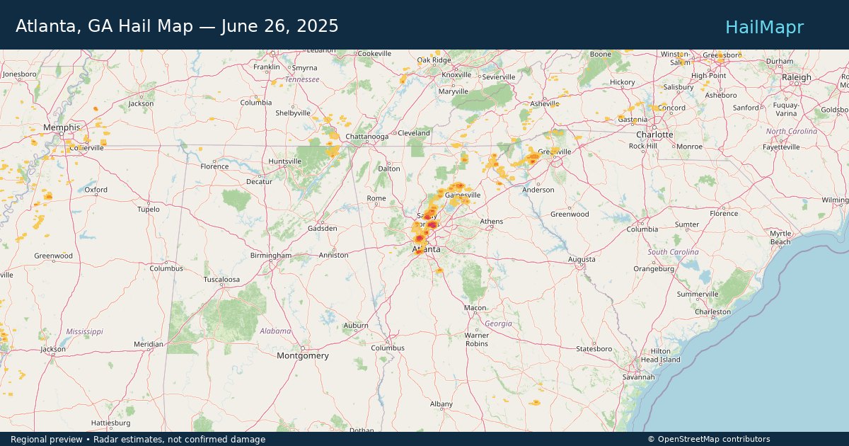 Atlanta, GA Hail Map — June 26, 2025 — regional heatmap and storm polygons