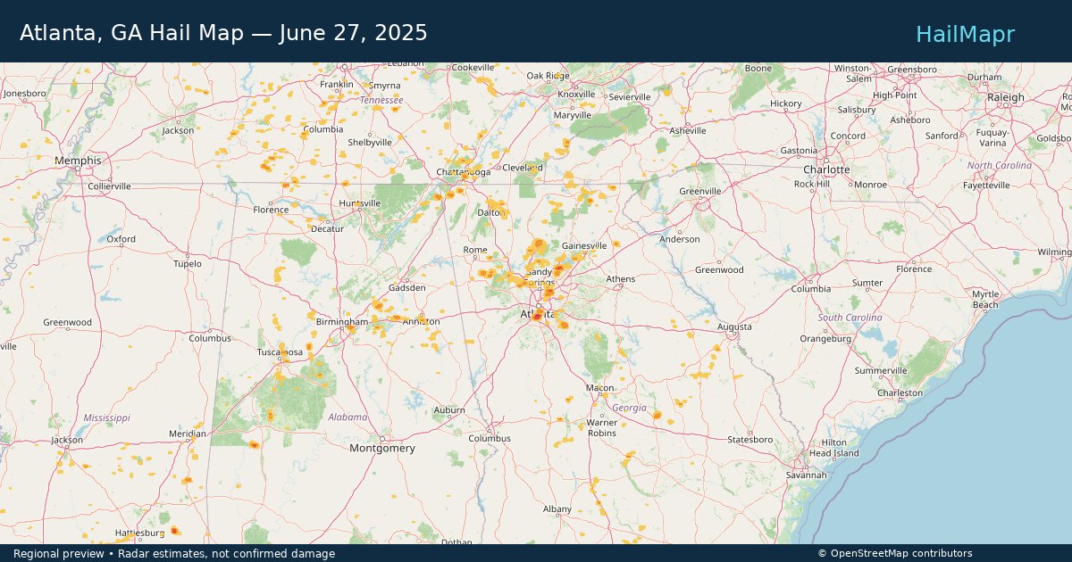 Atlanta, GA Hail Map — June 27, 2025 — regional heatmap and storm polygons