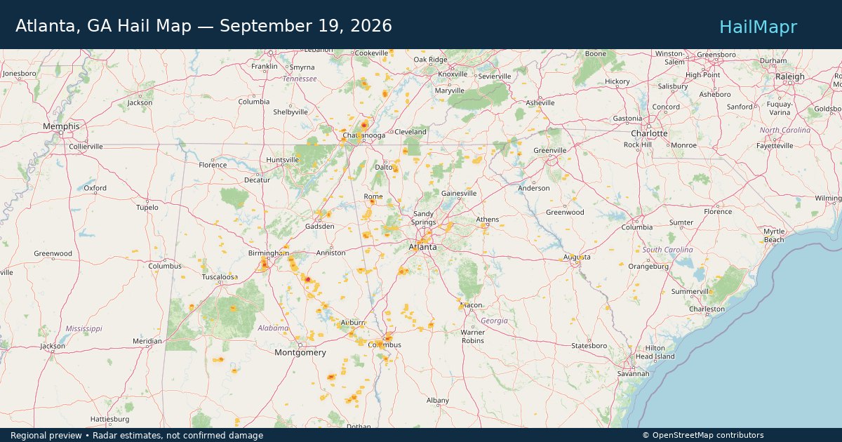 Atlanta, GA Hail Map — September 19, 2026 — regional heatmap and storm polygons